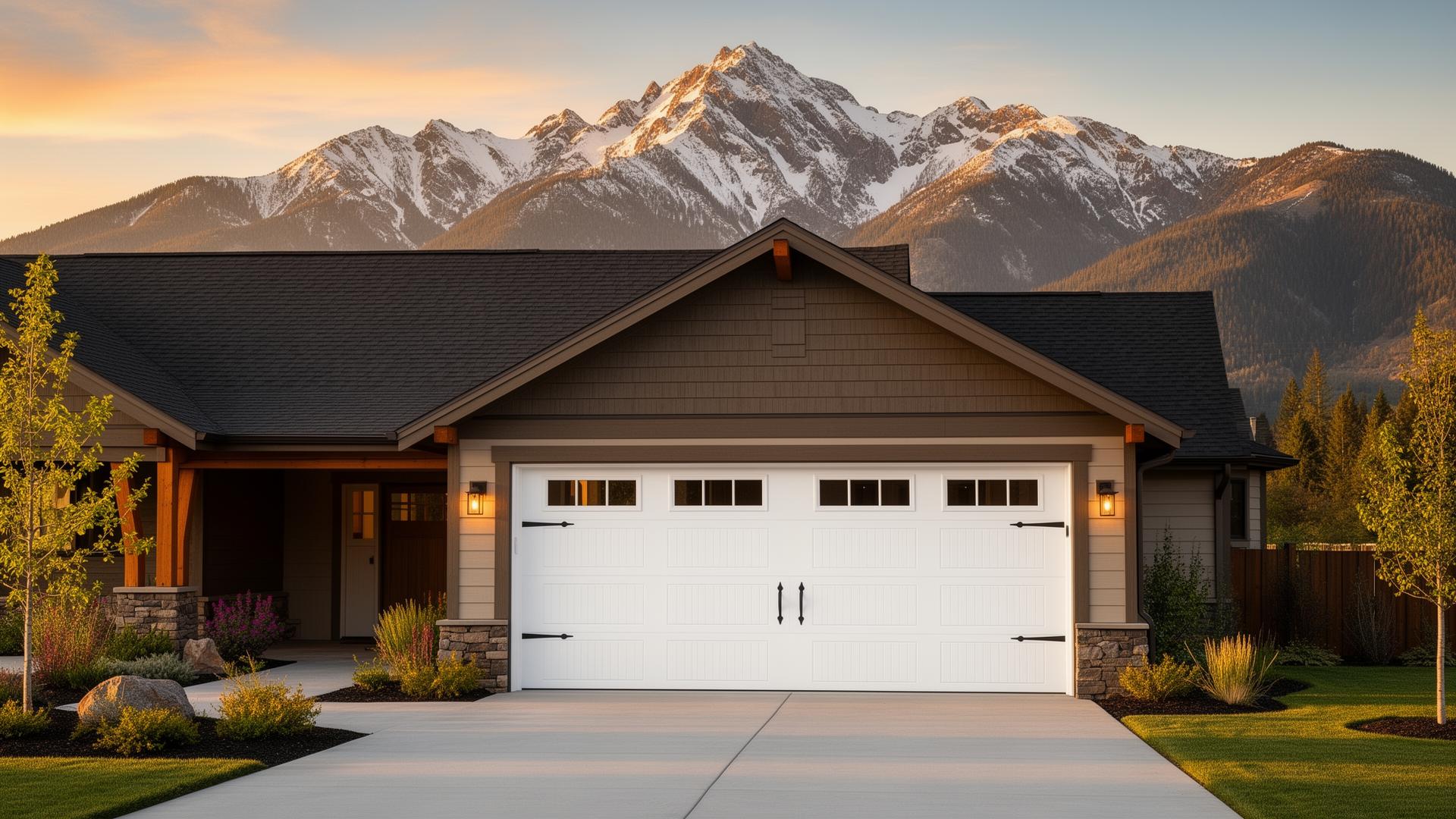Beautiful garage door in Leavenworth with mountain backdrop